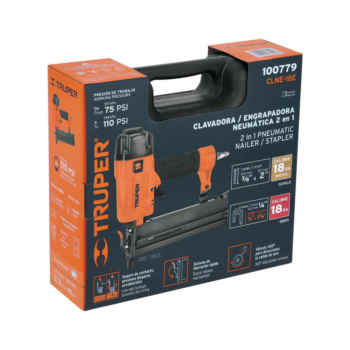 Clavadora y engrapadora neumática profesional, calibre 18, Truper, SKU 100779 — vista 2