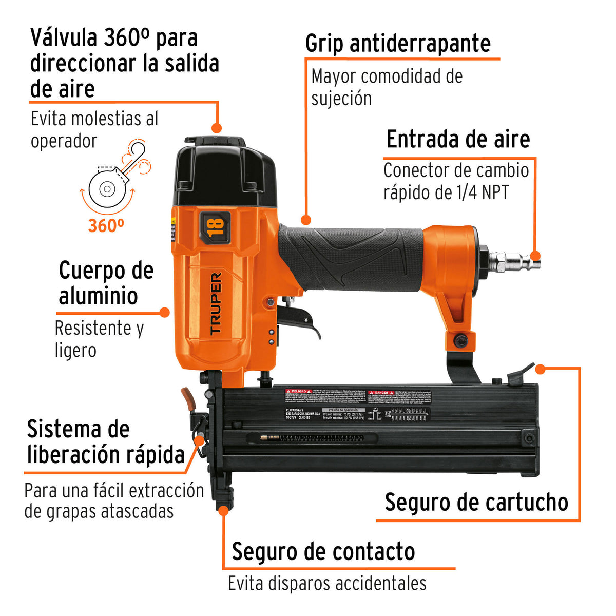 Clavadora y engrapadora neumática profesional, calibre 18, Truper, SKU 100779 — vista 3