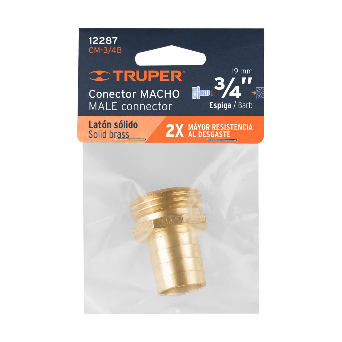 Conector 3/4' macho de latón sólido para manguera, TRUPER — foto oficial 2