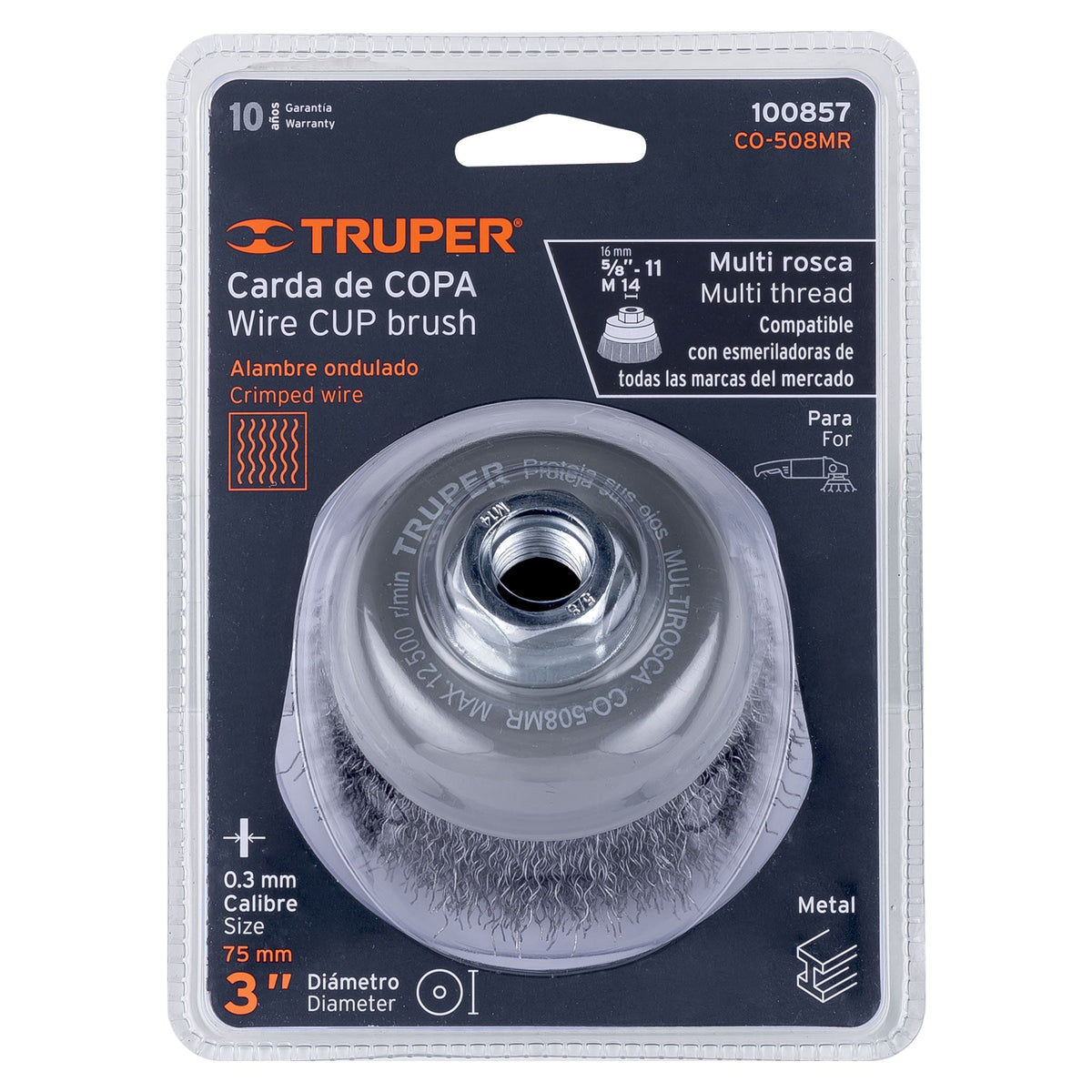 Carda copa 3' alambre ondulado fino, Multi-rosca, TRUPER, Truper, SKU 100857 — vista 2