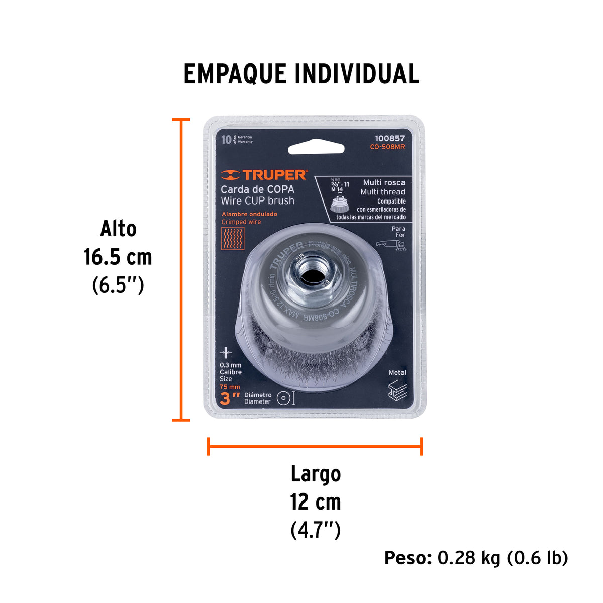 Carda copa 3' alambre ondulado fino, Multi-rosca, TRUPER, Truper, SKU 100857 — vista 5