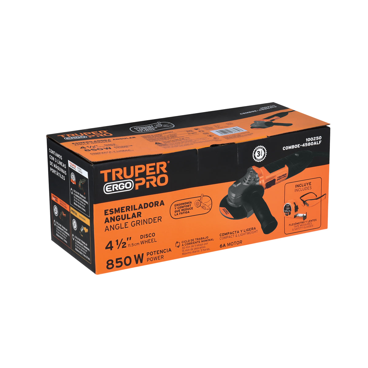 Combo esmeriladora 4-1/2', 850W,lentes y flexómetro,ERGO-PRO, Truper, SKU 100250 — vista 2