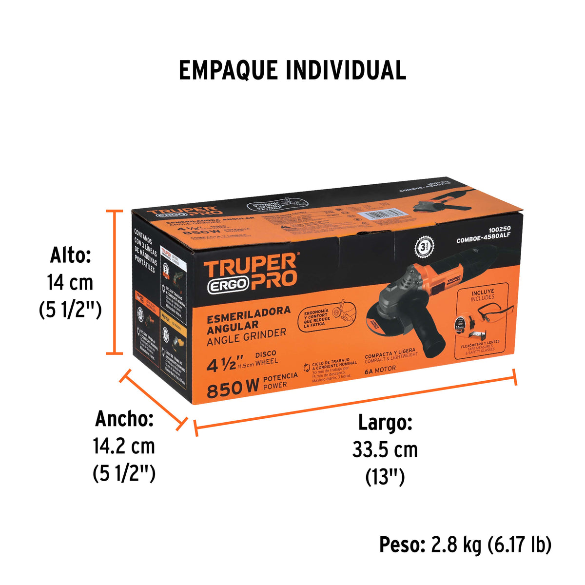 Combo esmeriladora 4-1/2', 850W,lentes y flexómetro,ERGO-PRO, Truper, SKU 100250 — vista 5