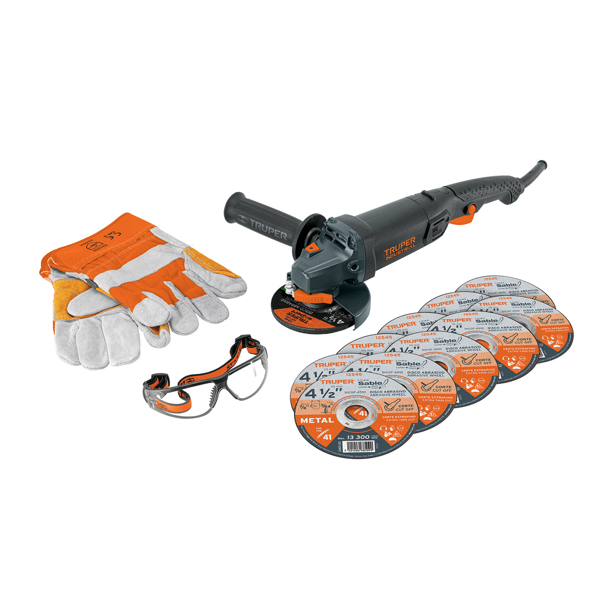 Combo esmeriladora 4-1/2',950W, discos, lentes y guantes,IND, Truper, SKU 101456