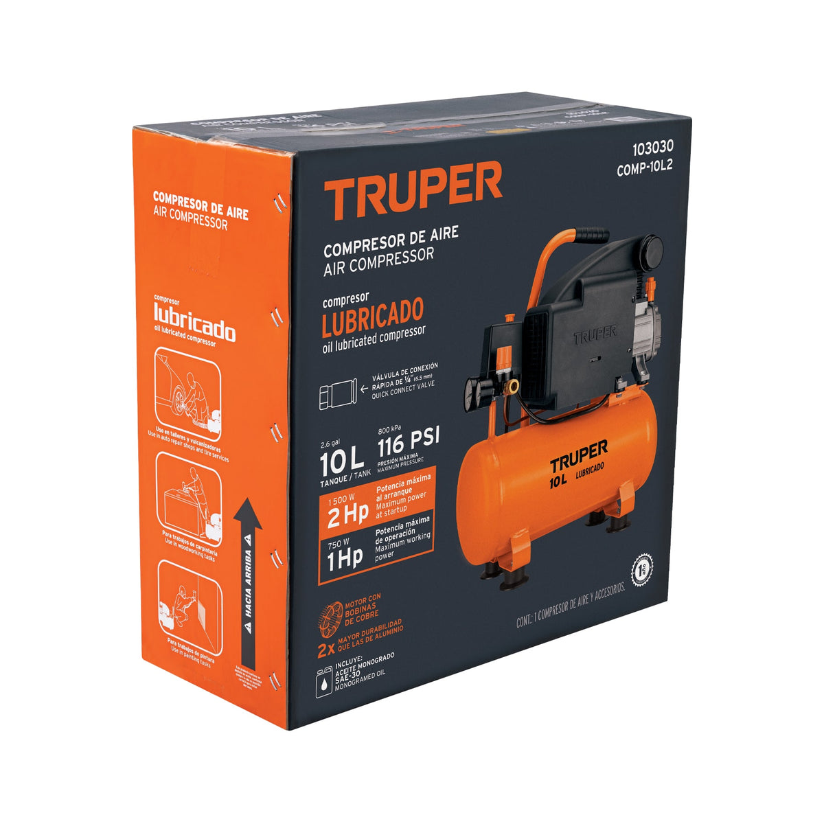 Compresor lubricado, 10L, 2 HP, horizontal, 127V, TRUPER, Truper, SKU 103030 — vista 2