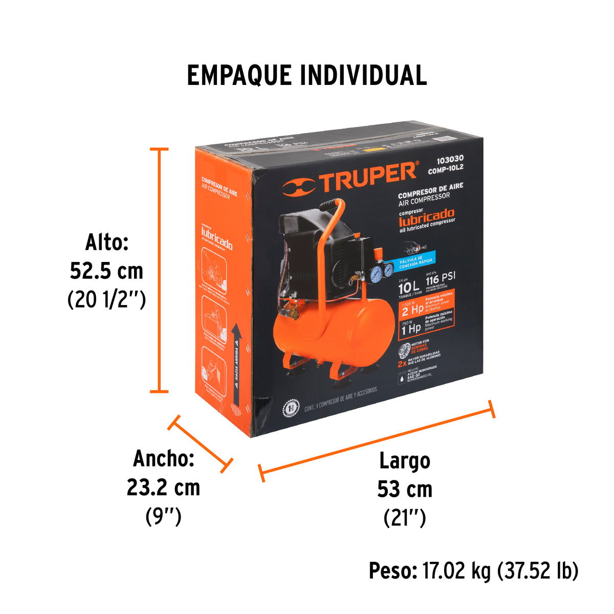 Compresor lubricado, 10L, 2 HP, horizontal, 127V, TRUPER, Truper, SKU 103030 — vista 5