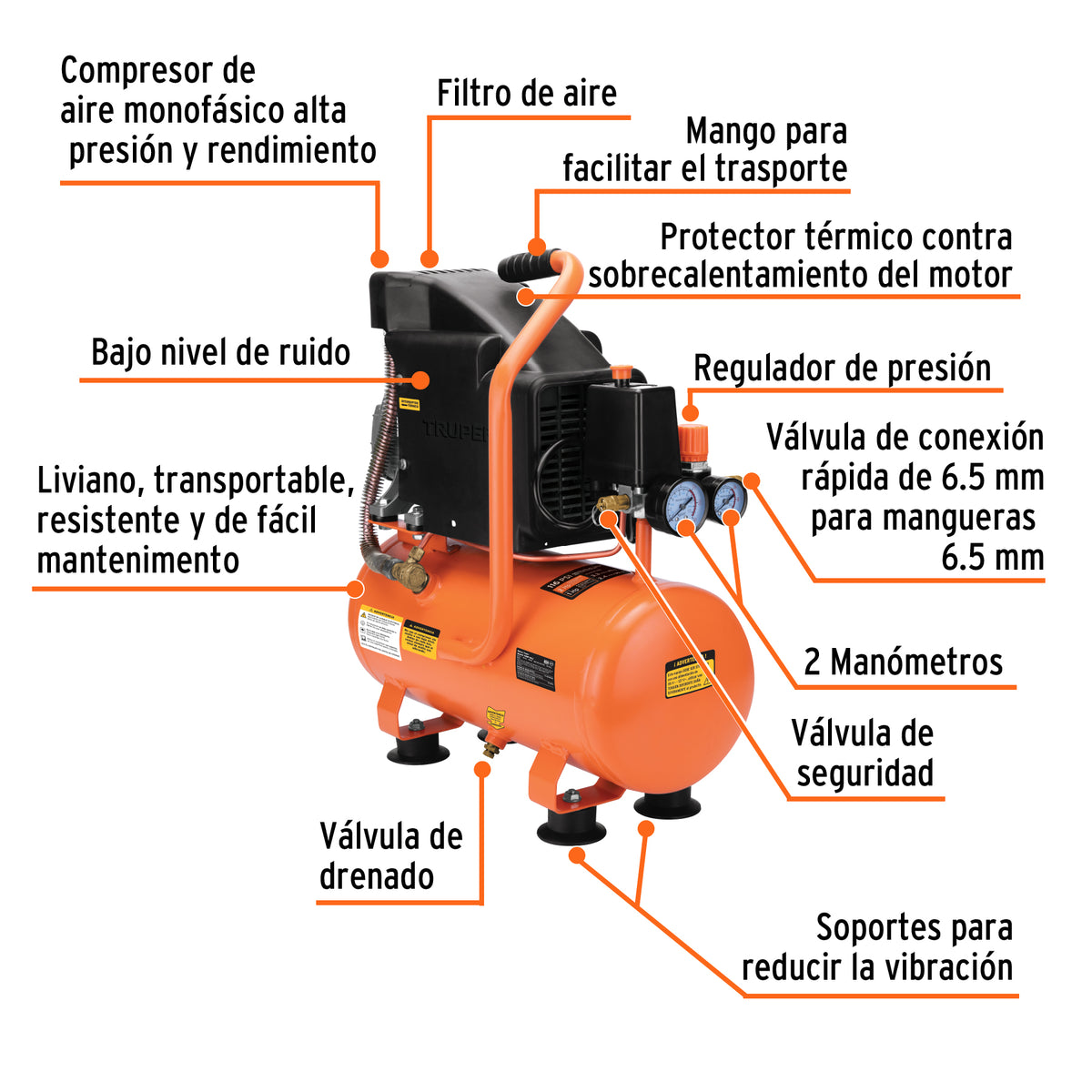 Compresor lubricado, 10L, 2 HP, horizontal, 127V, TRUPER, Truper, SKU 103030 — vista 3