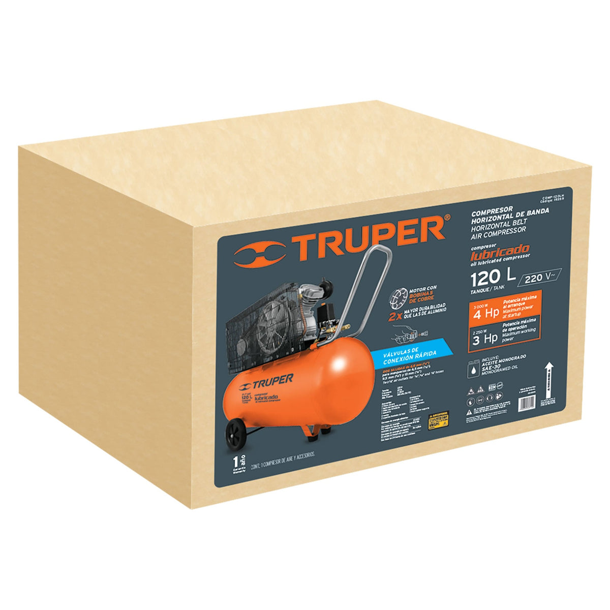 Compresor lubricado de banda 120L4HP hor 220V TRUPER — foto oficial 2