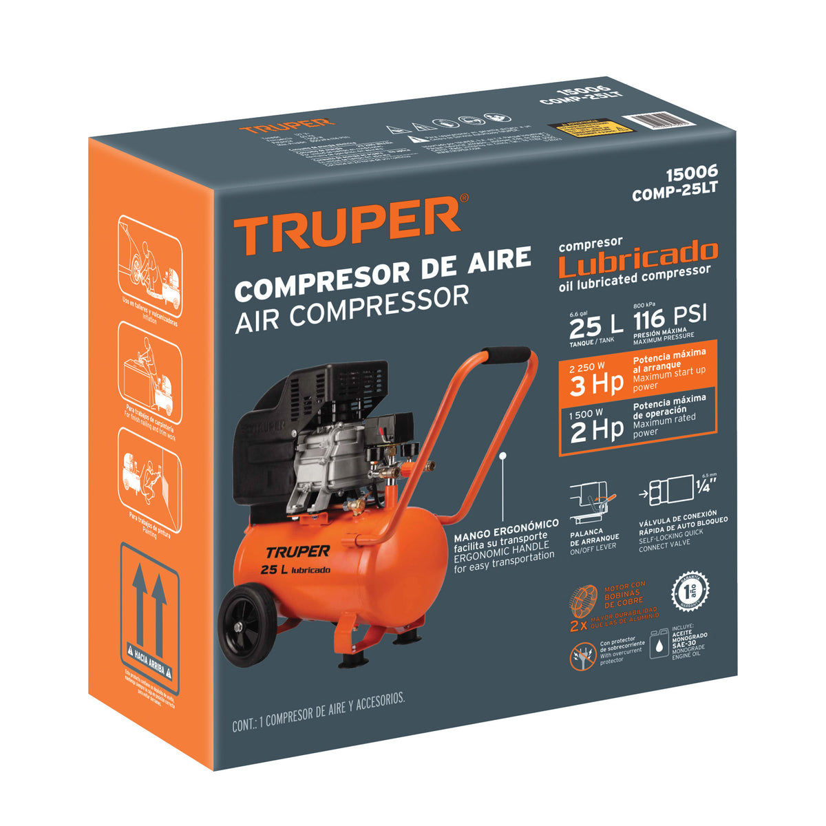 Compresor lubricado 25L 3HP horizontal 127V TRUPER — foto oficial 2