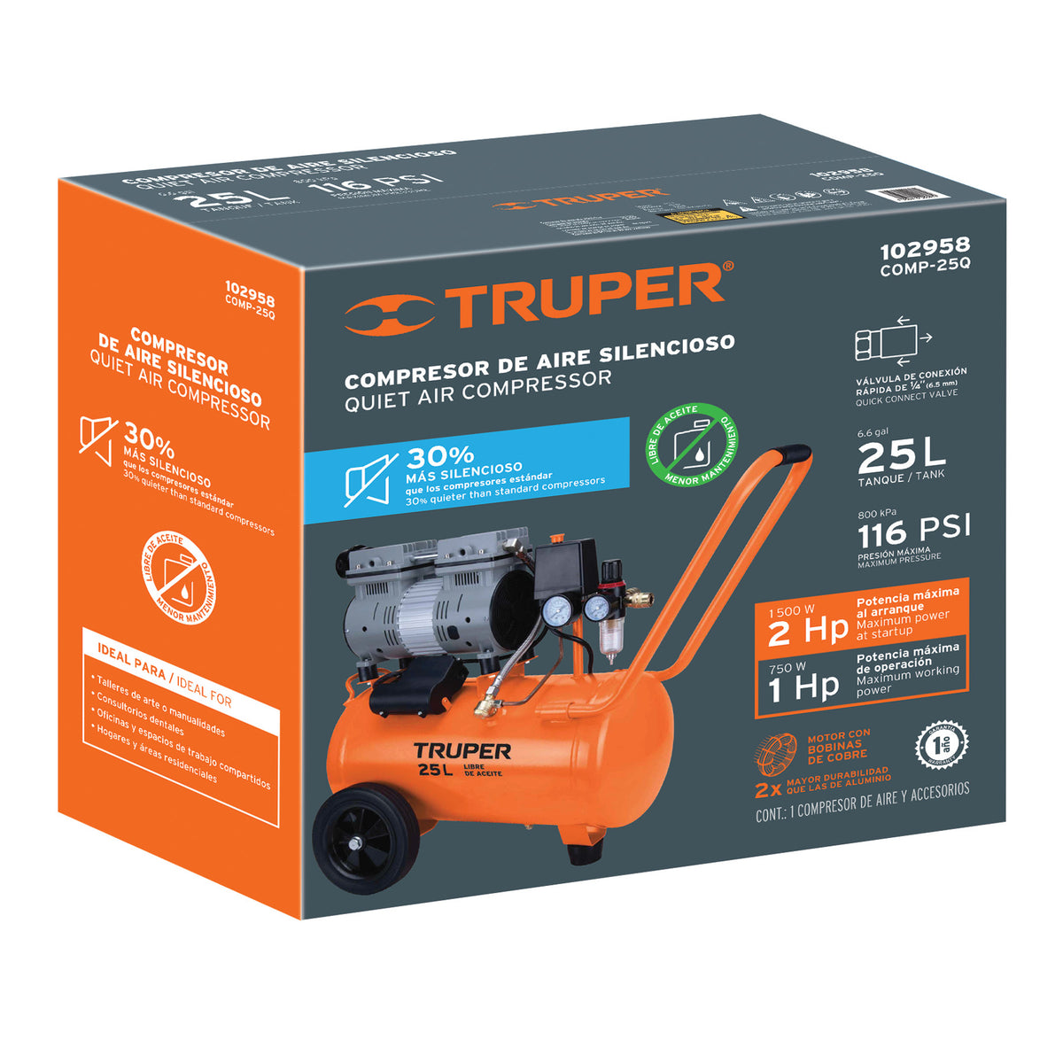 Compresor de aire, silencioso libre de aceite, 25 L, 2 HP — foto oficial 2