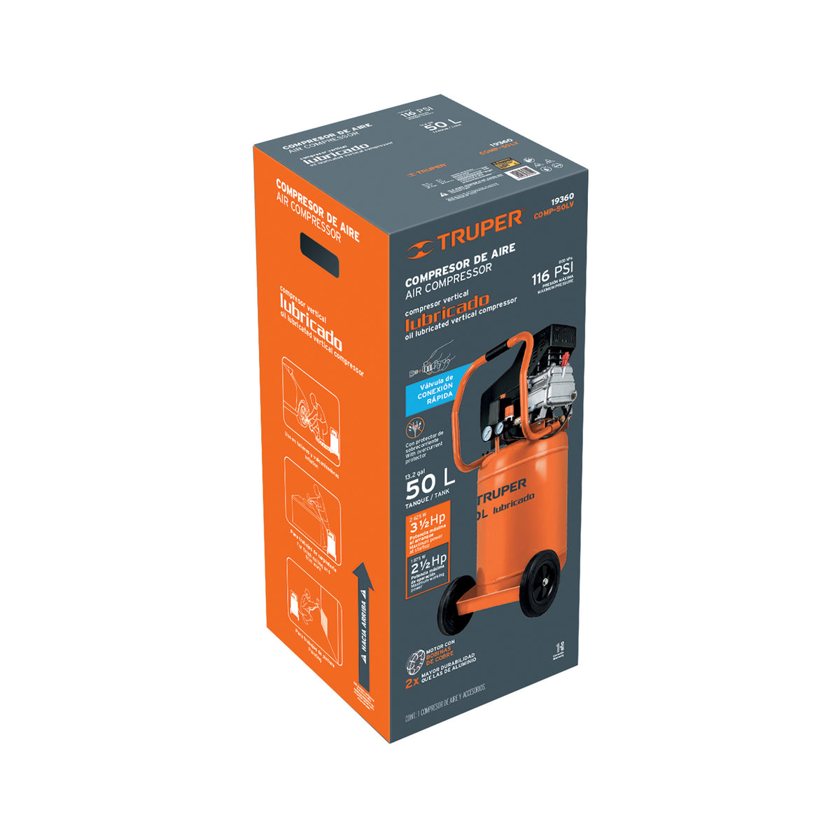 Compresor lubricado 50L 3-1/2HP vertical 127V TRUPER — foto oficial 2