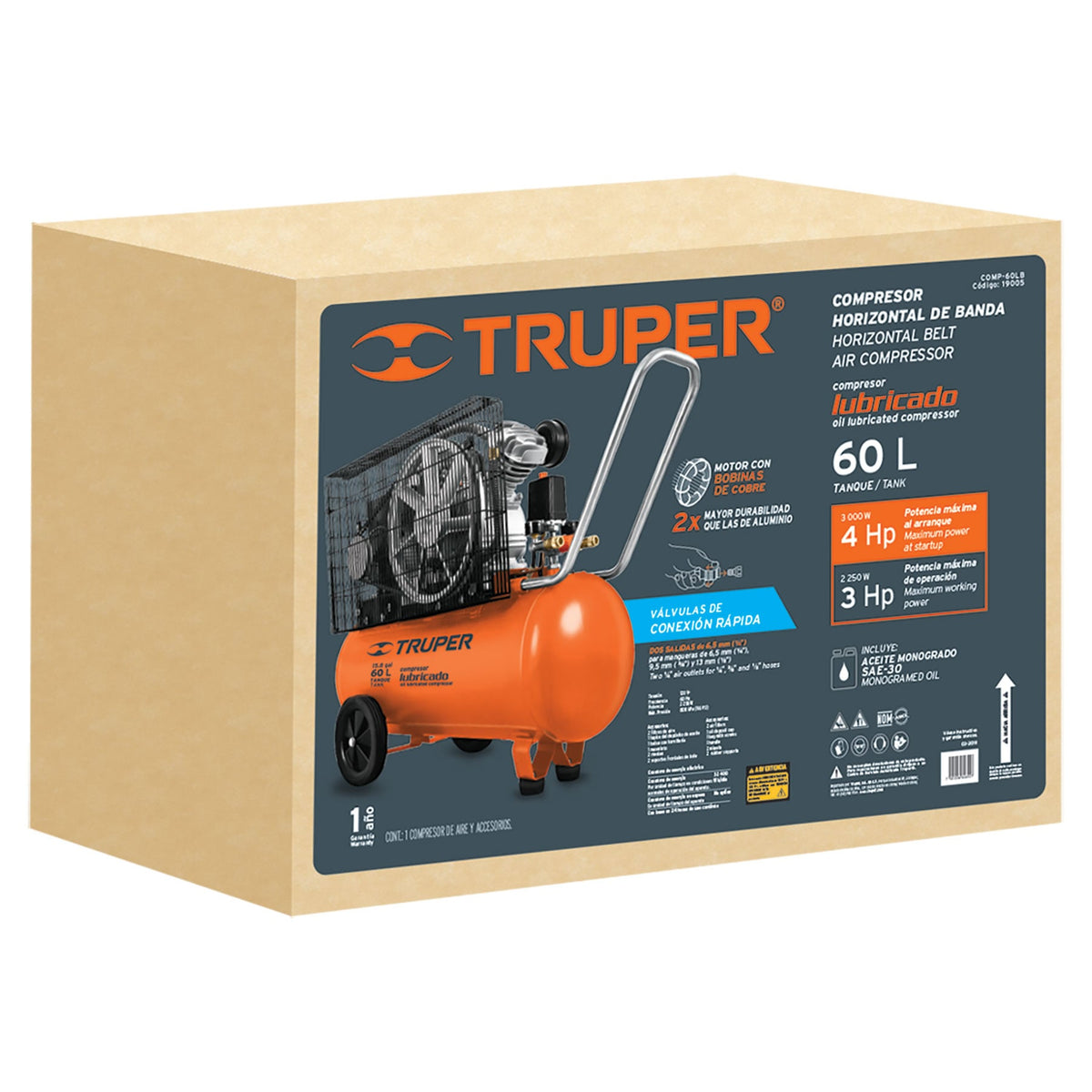 Compresor lubricado de banda 60L hor 4HP 127V TRUPER — foto oficial 2