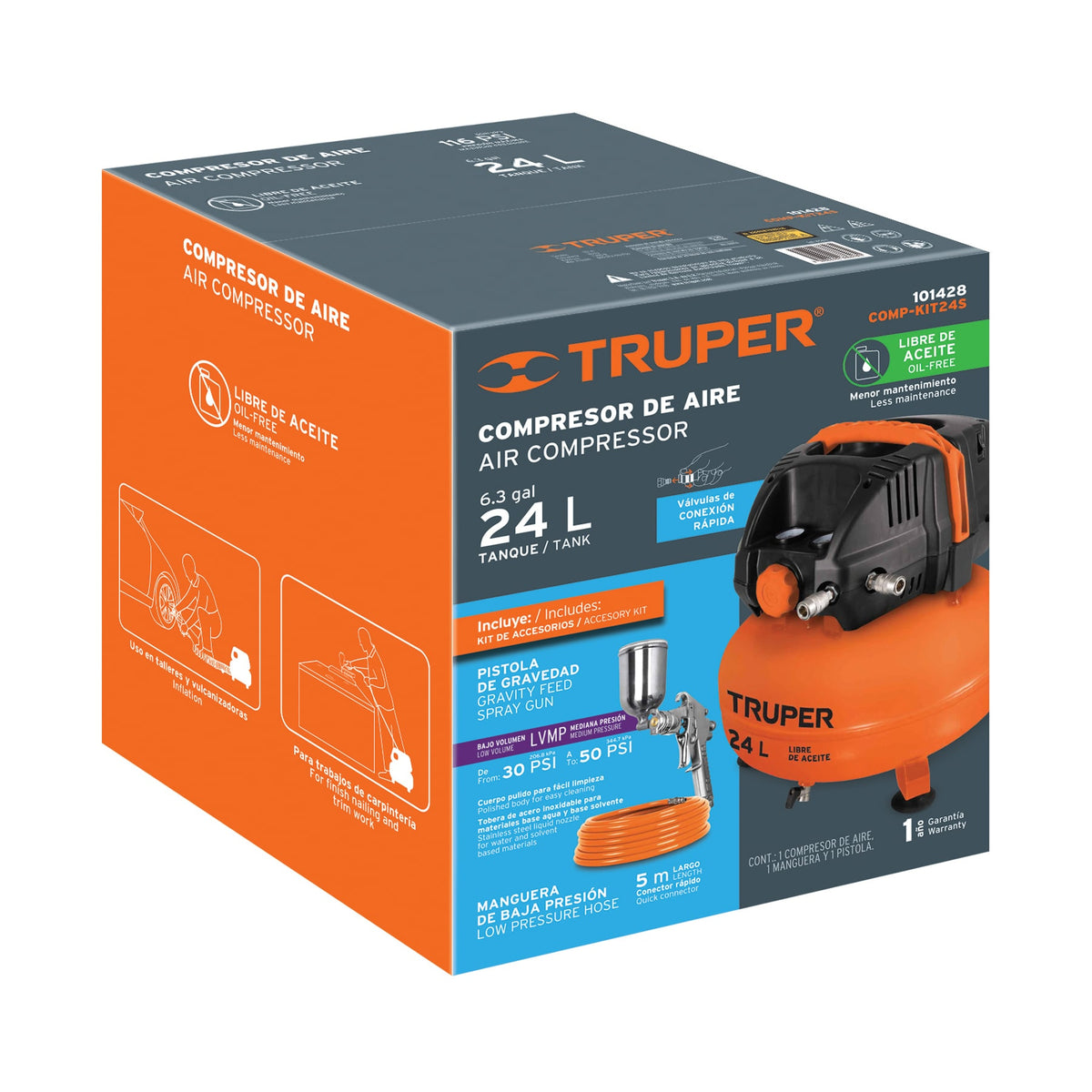 Kit compresor libre de aceite 24L, manguera y pistola,TRUPER, Truper, SKU 101428 — vista 2