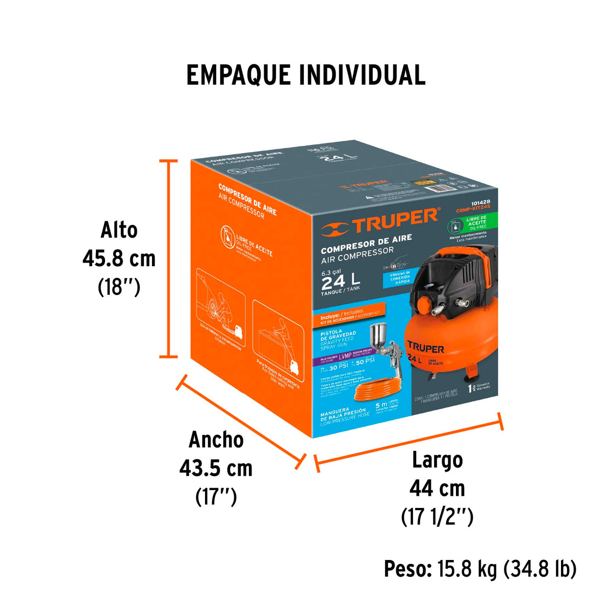 Kit compresor libre de aceite 24L, manguera y pistola,TRUPER, Truper, SKU 101428 — vista 5