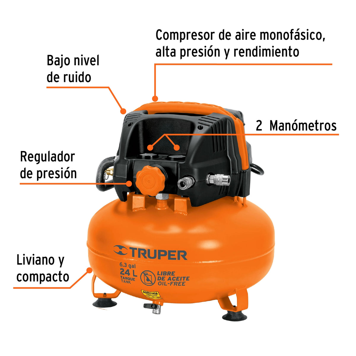 Kit compresor libre de aceite 24L, manguera y pistola,TRUPER, Truper, SKU 101428 — vista 3