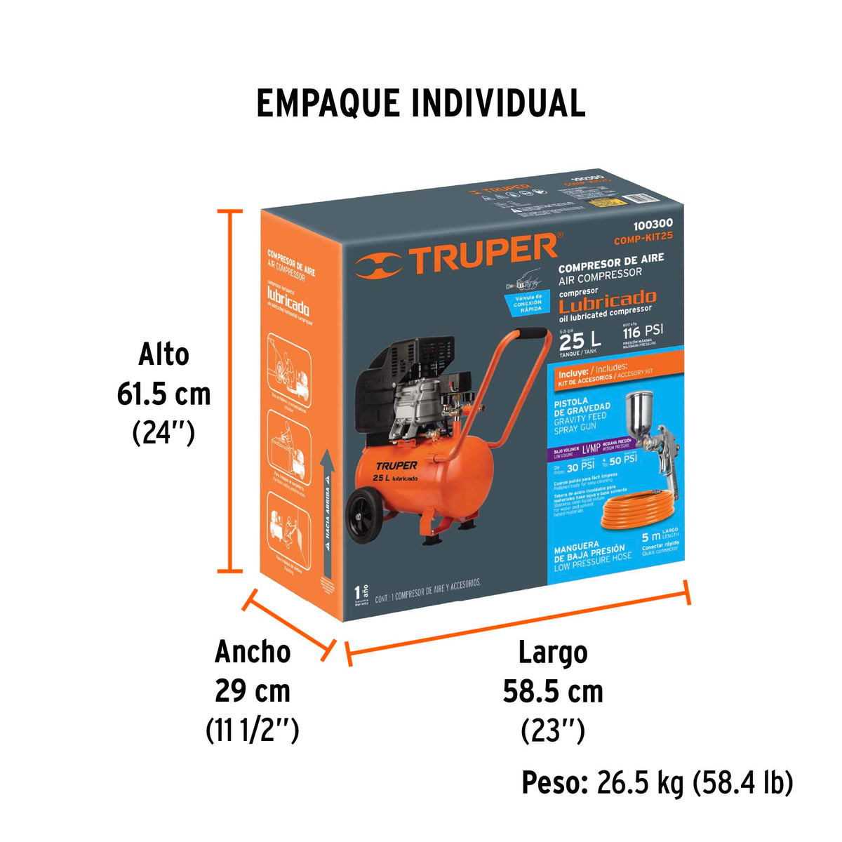 Kit Compresor lub, 25L, manguera y pistola grav,127V, TRUPER, Truper, SKU 100300 — vista 5