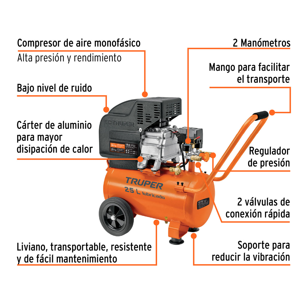 Kit Compresor lub, 25L, manguera y pistola grav,127V, TRUPER, Truper, SKU 100300 — vista 3