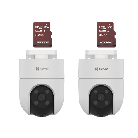 Kit de Camaras WiFi, Incluye 2 Piezas CS-H8C y 2 Piezas HS-TF-E1/32G / Audio de Dos Vías / Detección de Movimiento / Luz Estroboscópica / Sirena / Uso en Exterior con Protección