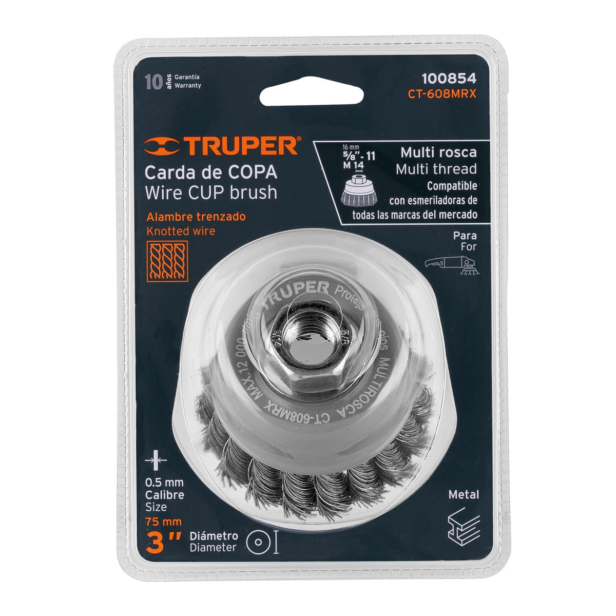 Carda copa 3' alambre trenzado grueso, Multi-rosca, TRUPER, Truper, SKU 100854 — vista 2