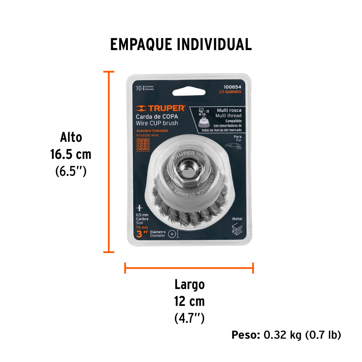 Carda copa 3' alambre trenzado grueso, Multi-rosca, TRUPER, Truper, SKU 100854 — vista 5