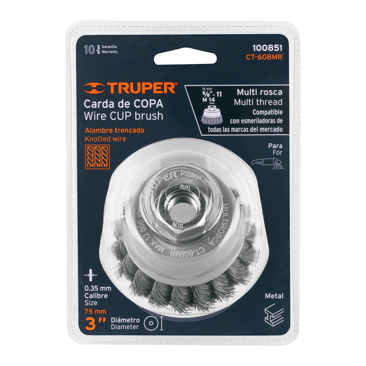 Carda copa 3' alambre trenzado fino, Multi-rosca, TRUPER, Truper, SKU 100851 — vista 2