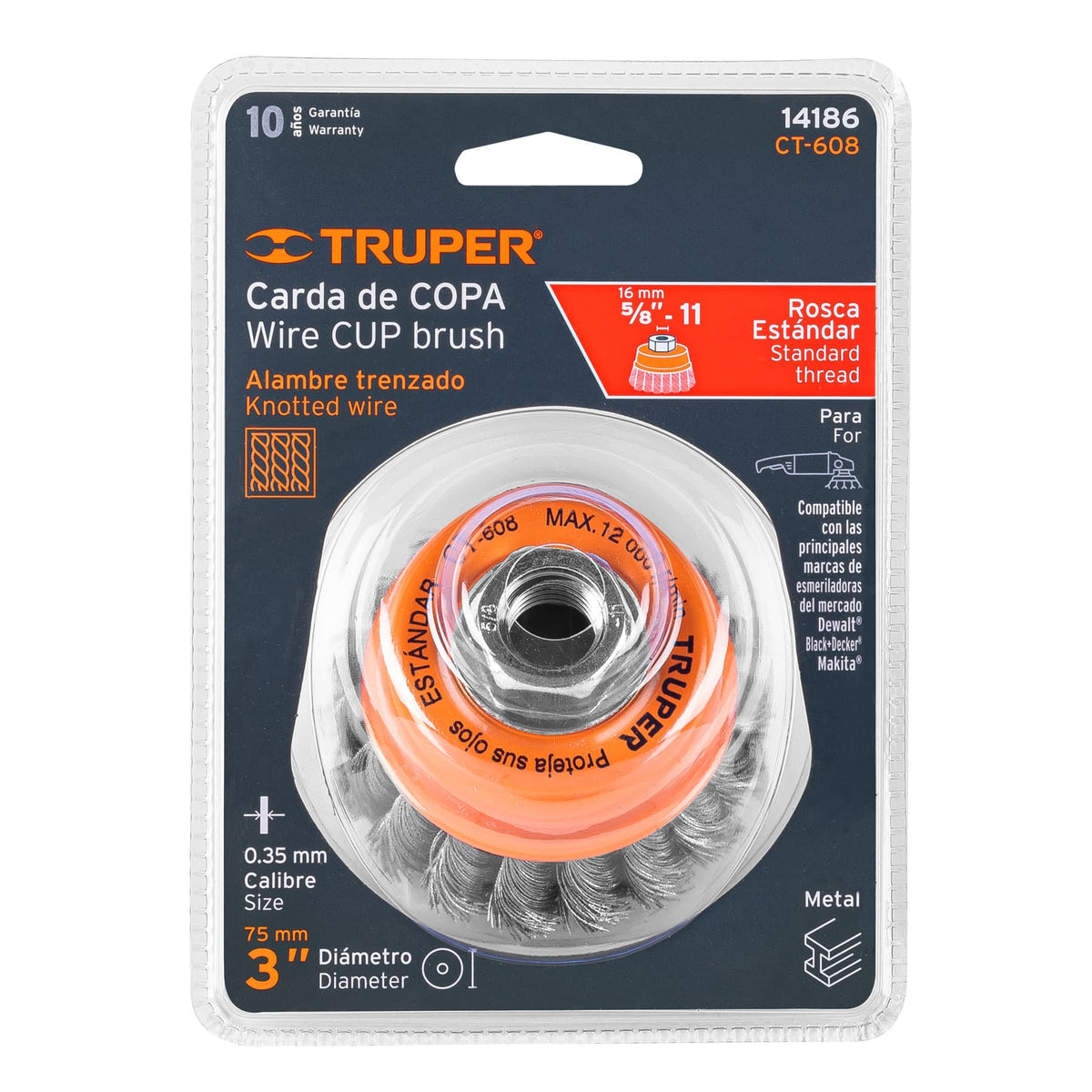 CARDA COPA 3" ALAMBRE TRENZADO FINO EJE 5/8"-11 TRUPER 14186 CT-608