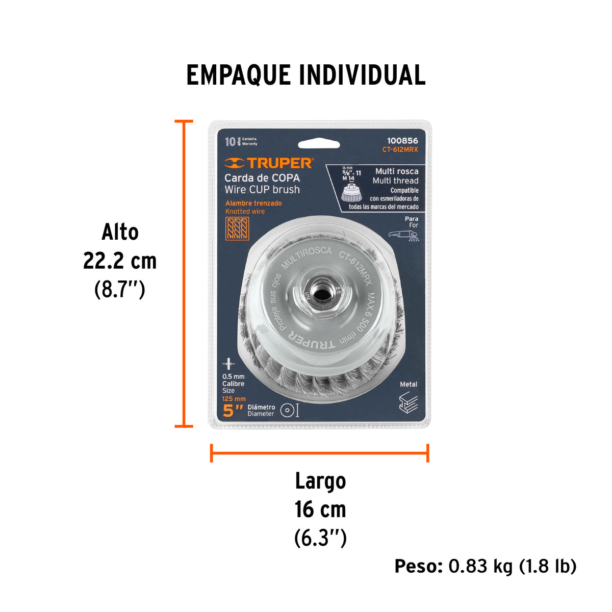 Carda copa 5' alambre trenzado grueso, Multi-rosca, TRUPER, Truper, SKU 100856 — vista 5