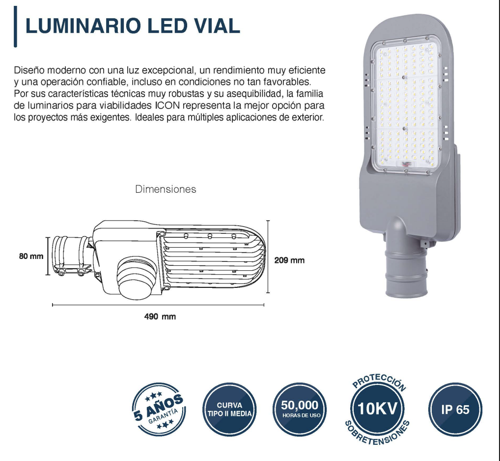 SUBURBANA STREETLIGHT 100W 50K LUZ FRÍA CON FOTOCELDA SUPRESOR DE PICOS DE 10KVA ICON LAPFOT100W50KMV