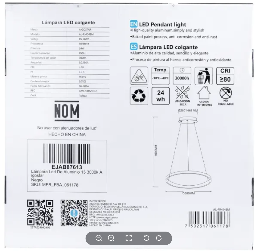 CANDIL SUSPENDIDO CIRCULAR SLIM 40W 30K LUZ CÁLIDA AIGOSTAR 061178
