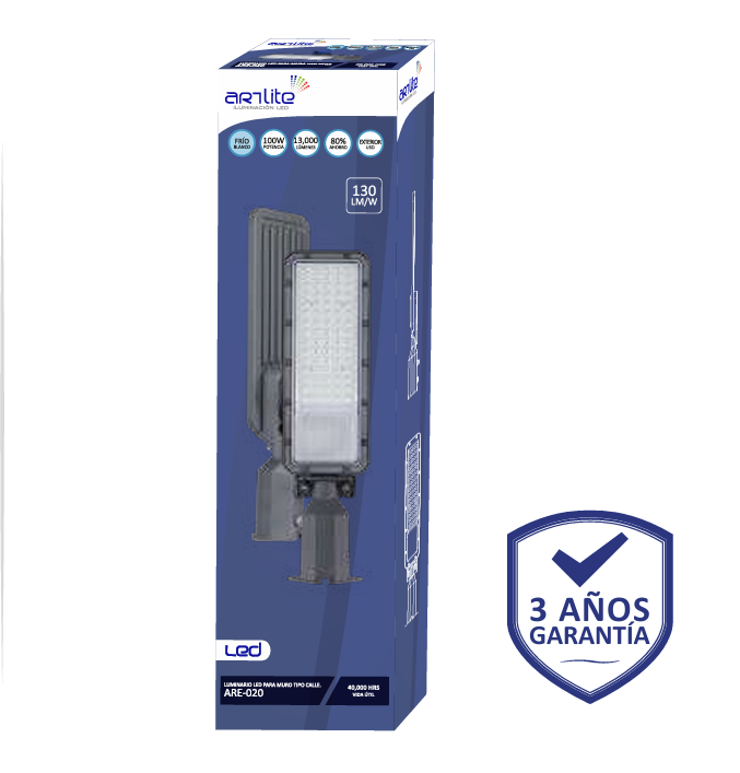 STREETLIGHT VIAL 100W 5700K 100-277V 12000LM ARTLITE ARE-020 SUB URBANA INCLUYE BASE Y FOTOCELDA DE TORQUE.