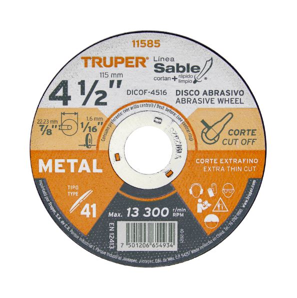 DISCO TIPO 41 CORTE FINO DE METAL LINEA SABLE 4-1/2, 1.6MM  DICOF-4516