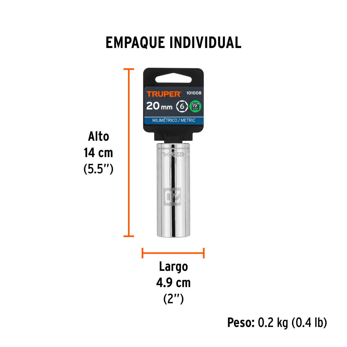 Dado largo de 20 mm, 6 puntas, cuadro 1/2', TRUPER, Truper, SKU 101008 — vista 5