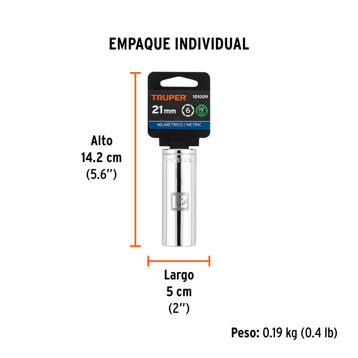 Dado largo de 21 mm, 6 puntas, cuadro 1/2', TRUPER, Truper, SKU 101009 — vista 5