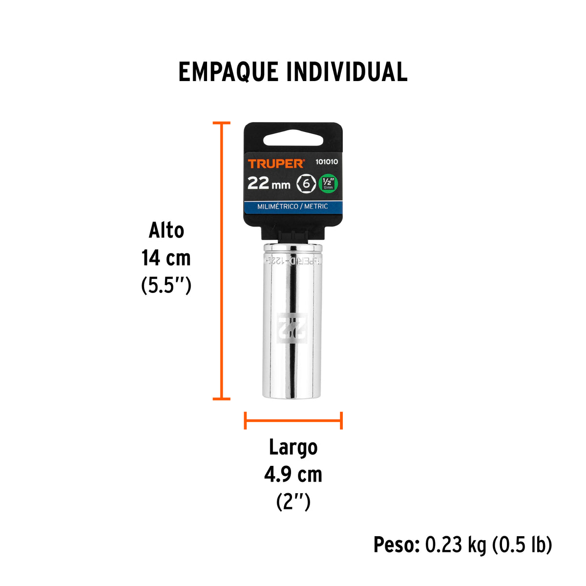 Dado largo de 22 mm, 6 puntas, cuadro 1/2', TRUPER, Truper, SKU 101010 — vista 5