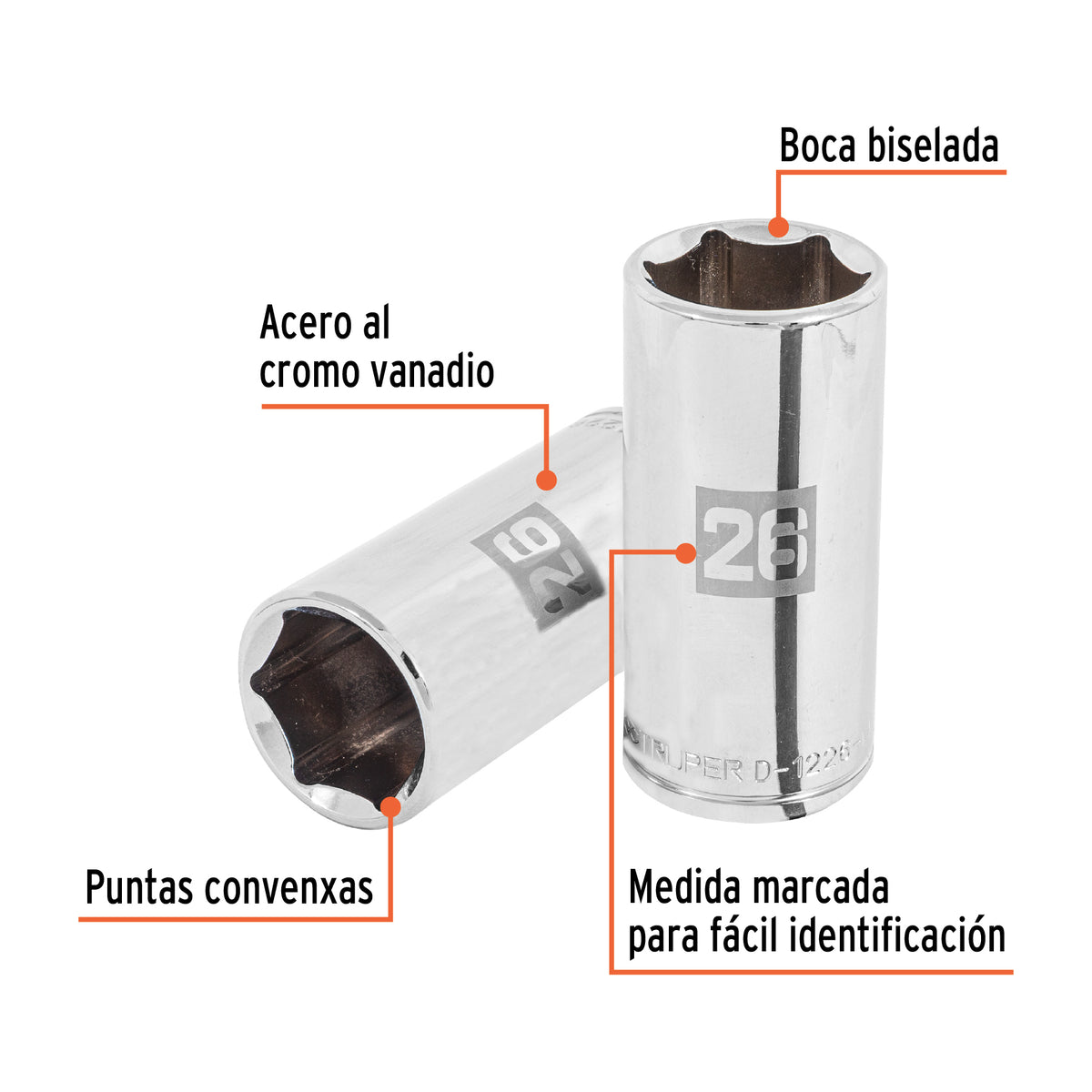 Dado largo de 26 mm, 6 puntas, cuadro 1/2', TRUPER, Truper, SKU 101014 — vista 3