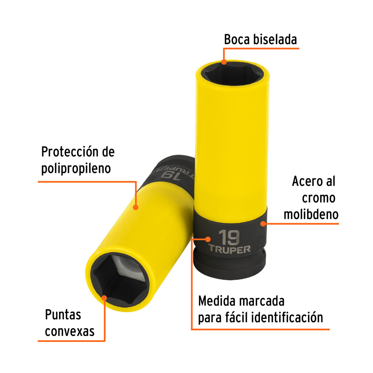 Dado largo impacto prot. plást. 19 mm, 6 puntas, cuadro 1/2', Truper, SKU 100931 — vista 3