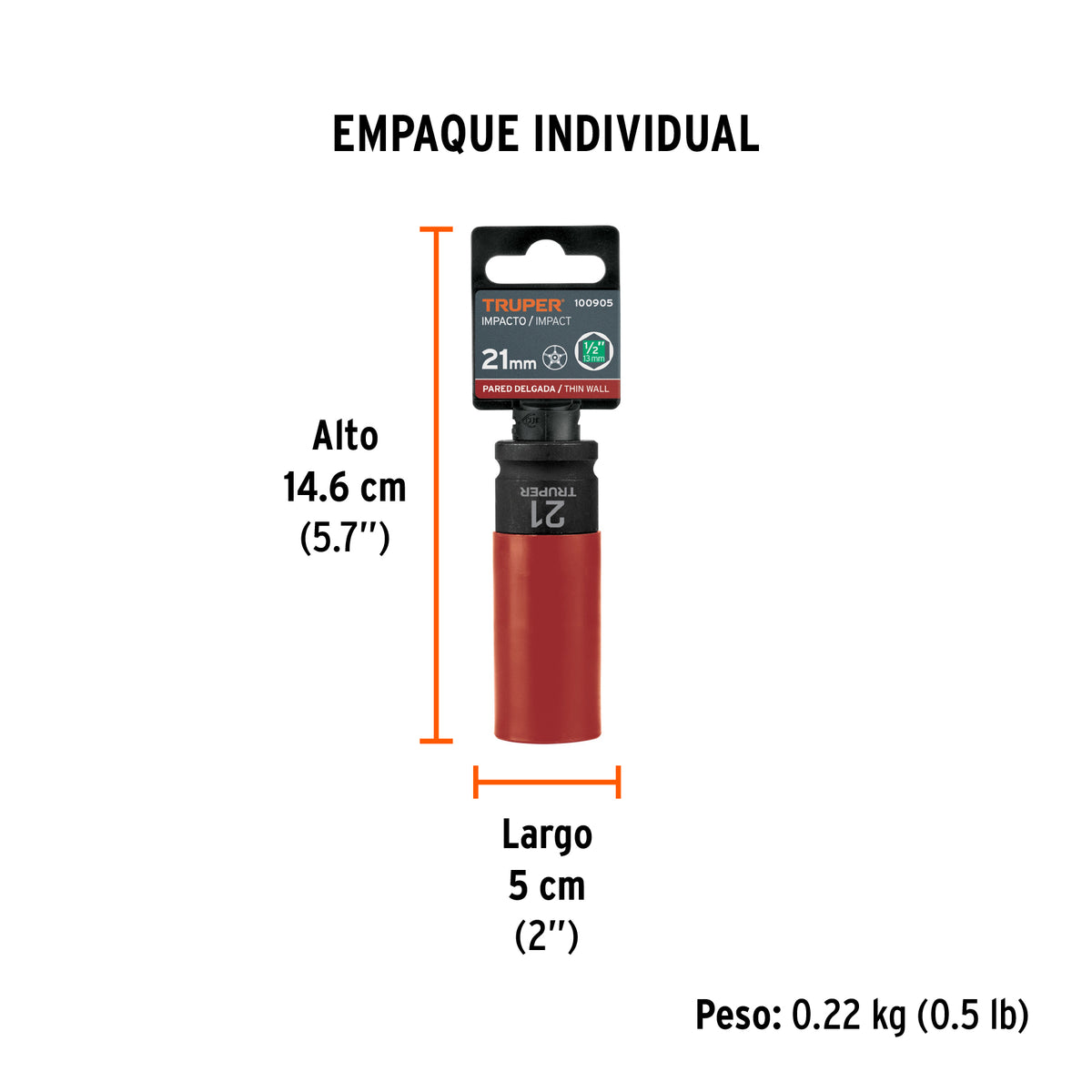 Dado largo impacto prot. plást. 21 mm, 6 puntas, cuadro 1/2', Truper, SKU 100905 — vista 5