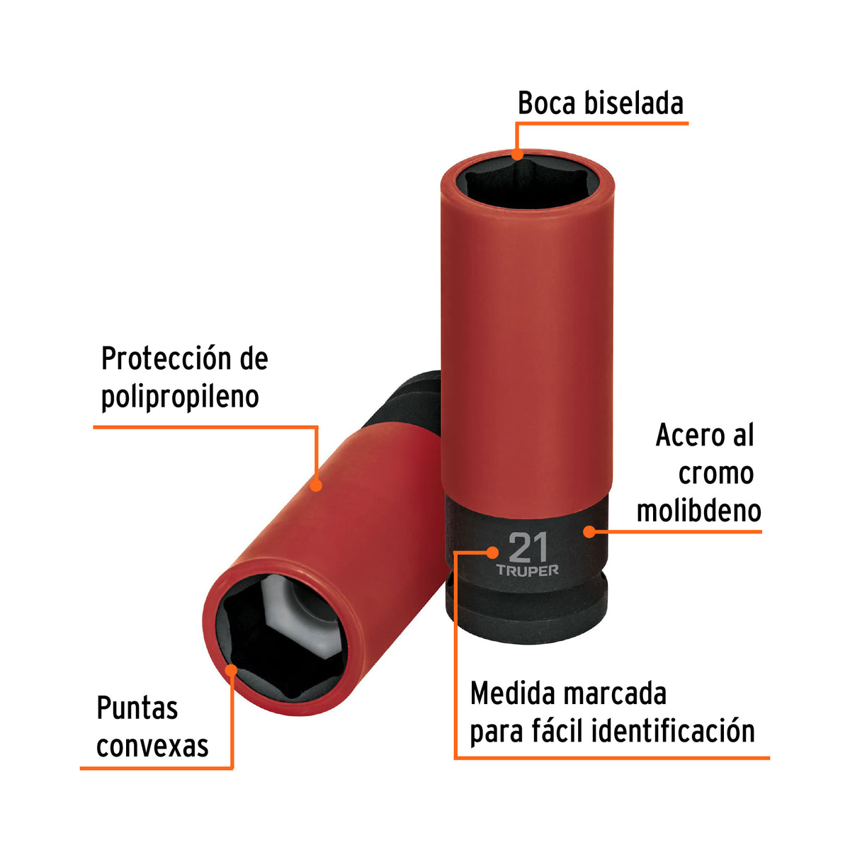 Dado largo impacto prot. plást. 21 mm, 6 puntas, cuadro 1/2', Truper, SKU 100905 — vista 3