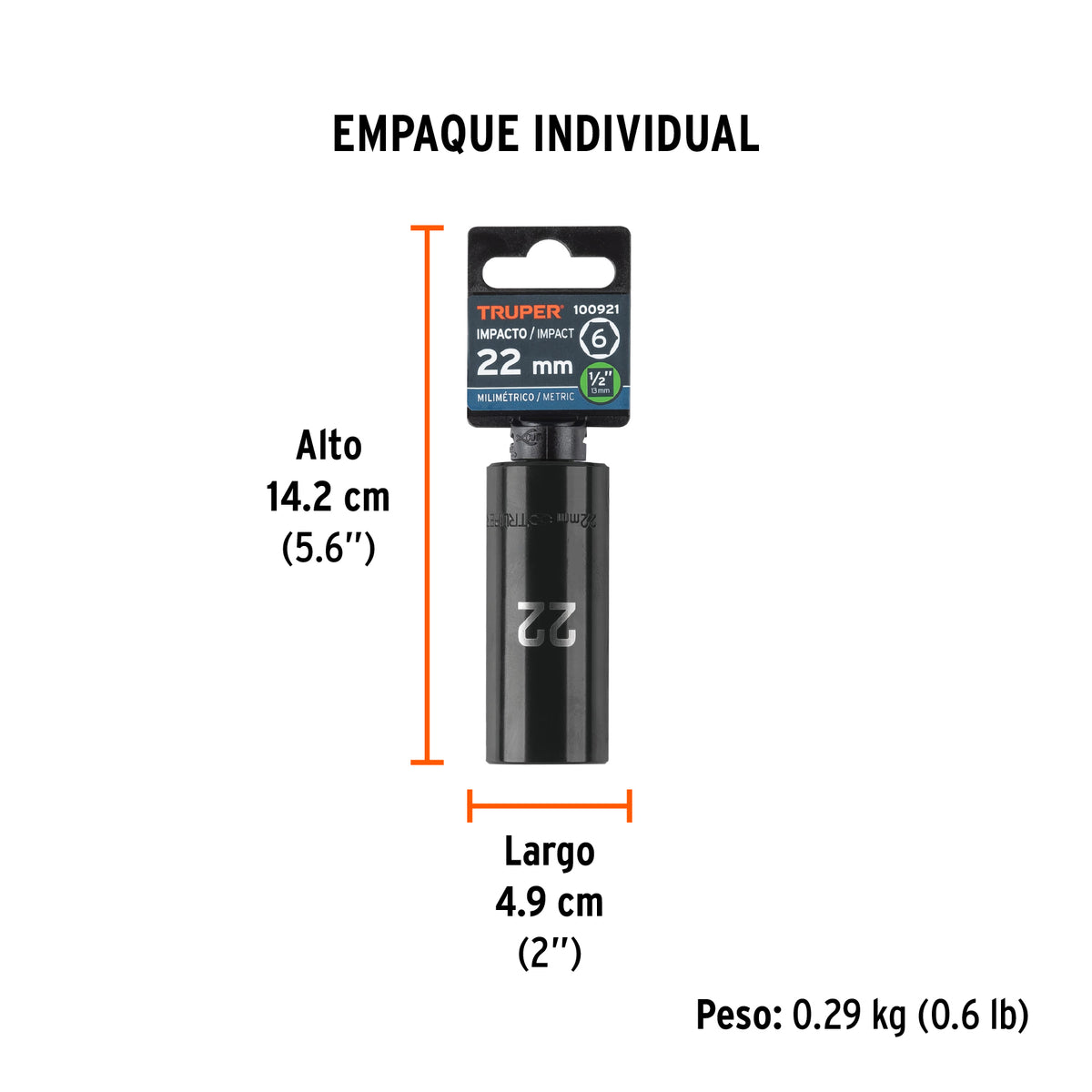 Dado largo impacto de 22 mm, 6 puntas, cuadro 1/2', TRUPER, Truper, SKU 100921 — vista 5