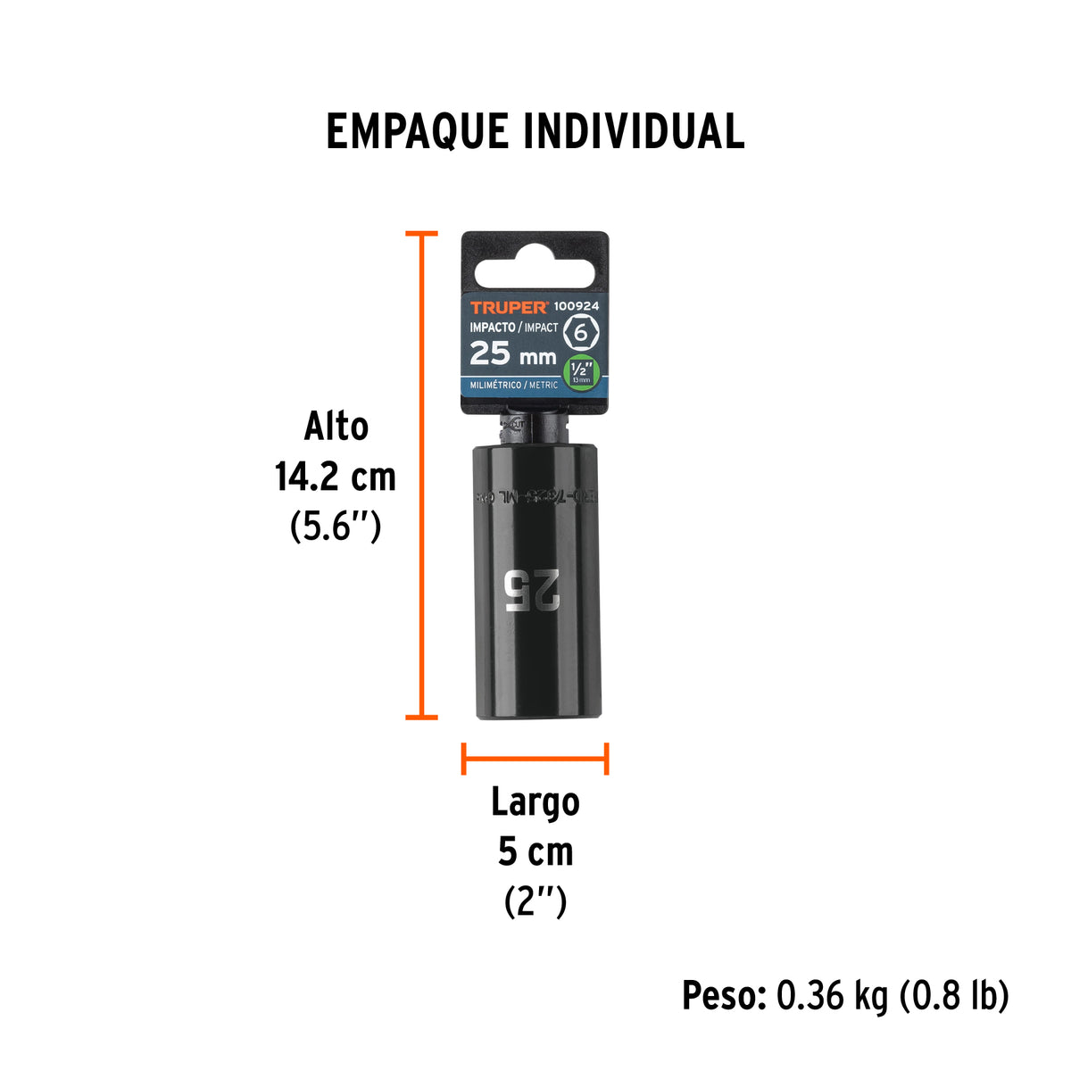 Dado largo impacto de 25 mm, 6 puntas, cuadro 1/2', TRUPER, Truper, SKU 100924 — vista 5
