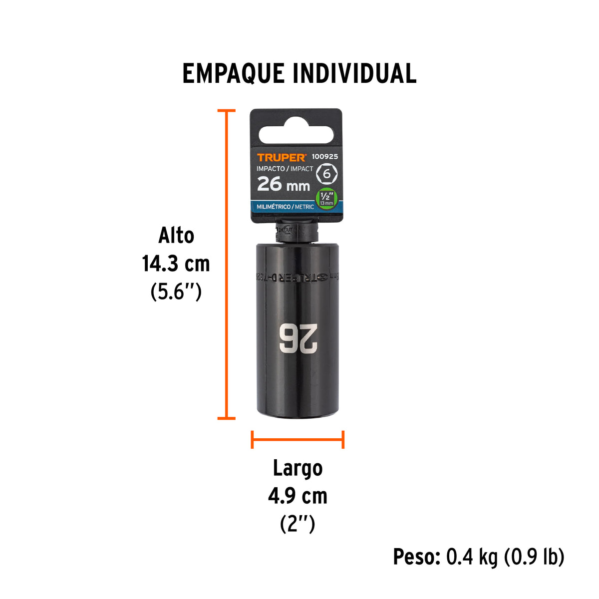Dado largo impacto de 26 mm, 6 puntas, cuadro 1/2', TRUPER, Truper, SKU 100925 — vista 5