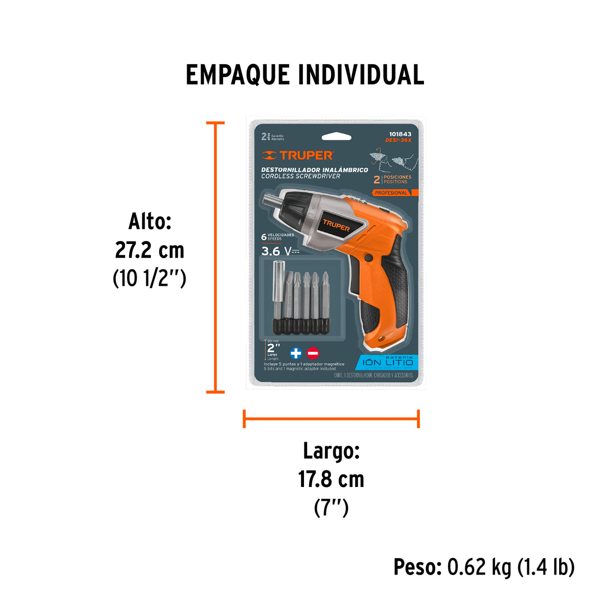 Destornillador 3.6V, 2 posiciones, PRO, Truper, SKU 101843 — vista 5