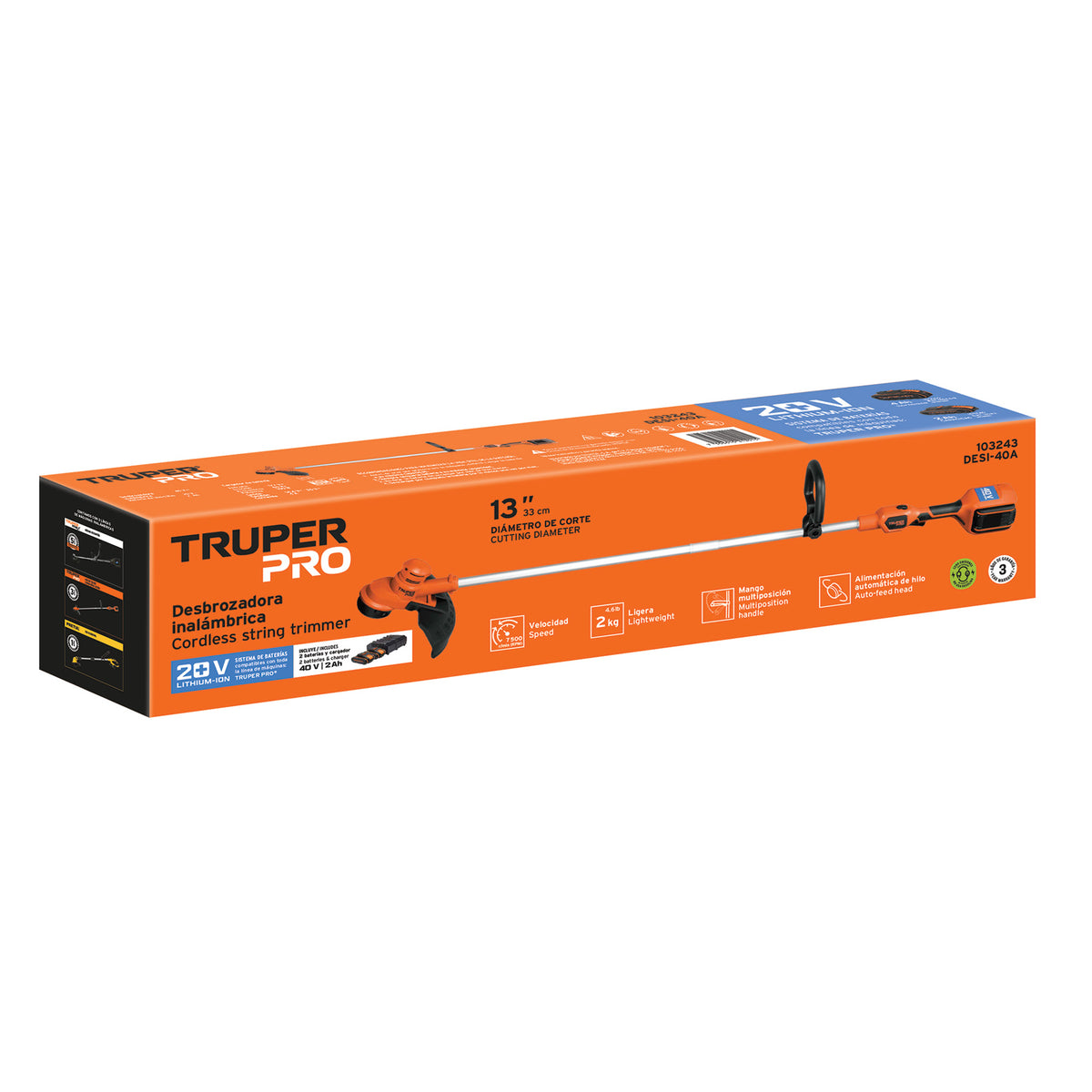 Desbrozadora inalámbrica 40V, 2 baterías 2Ah,1 carg.dual,PRO, Truper, SKU 103243 — vista 2