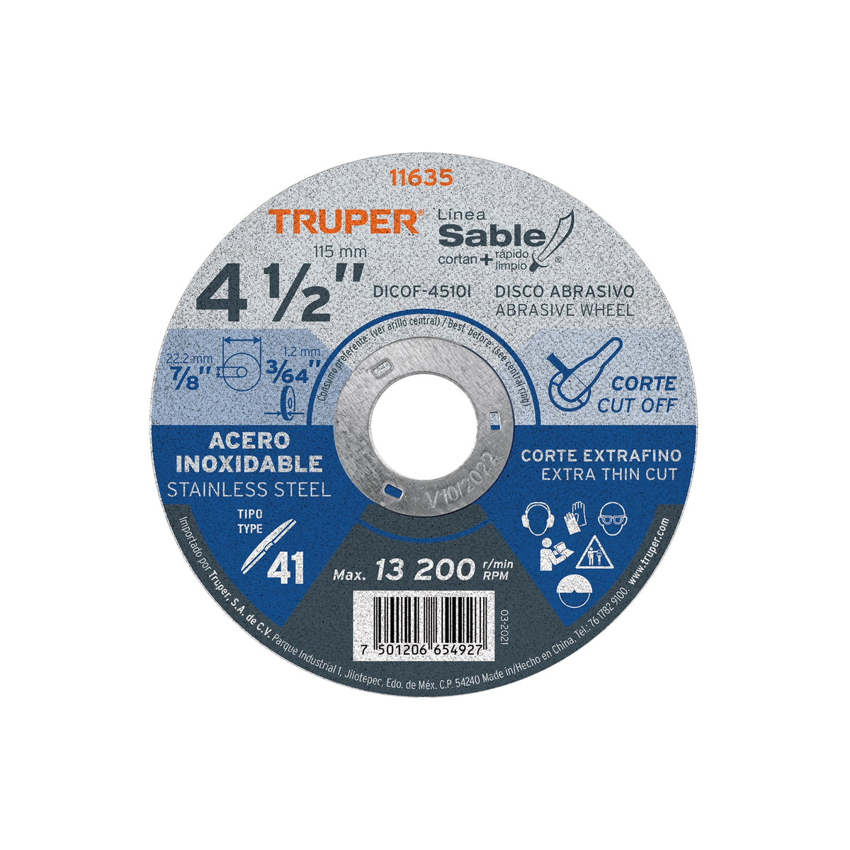 Disco abrasivo de corte preciso acero inox 4-1/2'x1mm TRUPER — foto oficial 1