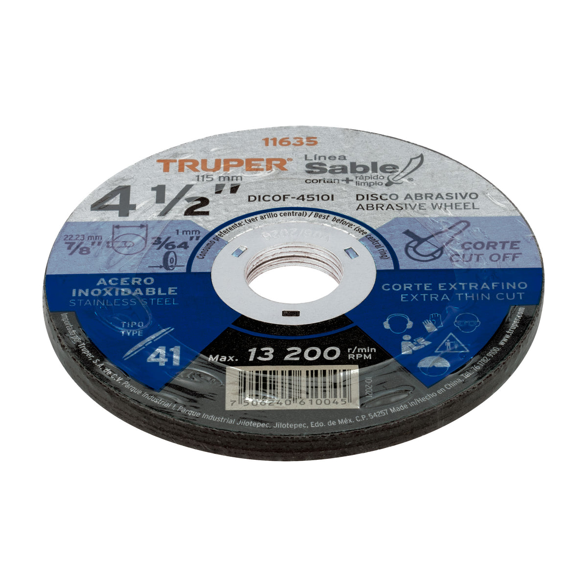 Disco abrasivo de corte preciso acero inox 4-1/2'x1mm TRUPER — foto oficial 2