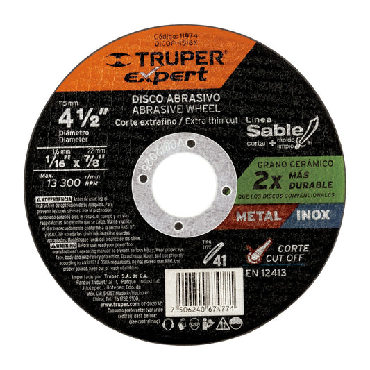 DISCO CORTE FINO METAL TIPO 41  4-1/2" X 1.6MM TRUPER 11974 DICOF-4516X