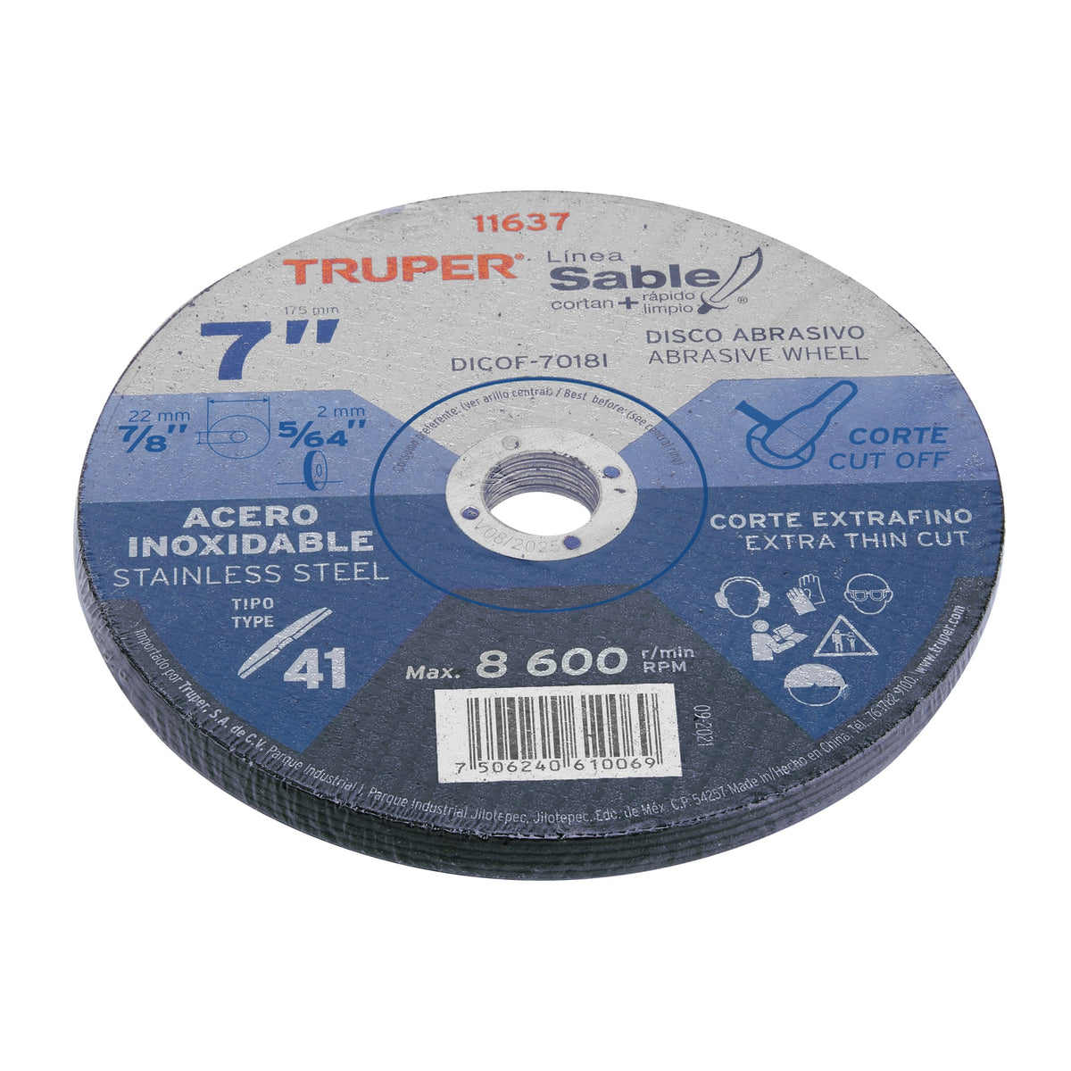Disco abrasivo de corte preciso acero inox 7' x 1.8mm TRUPER — foto oficial 2