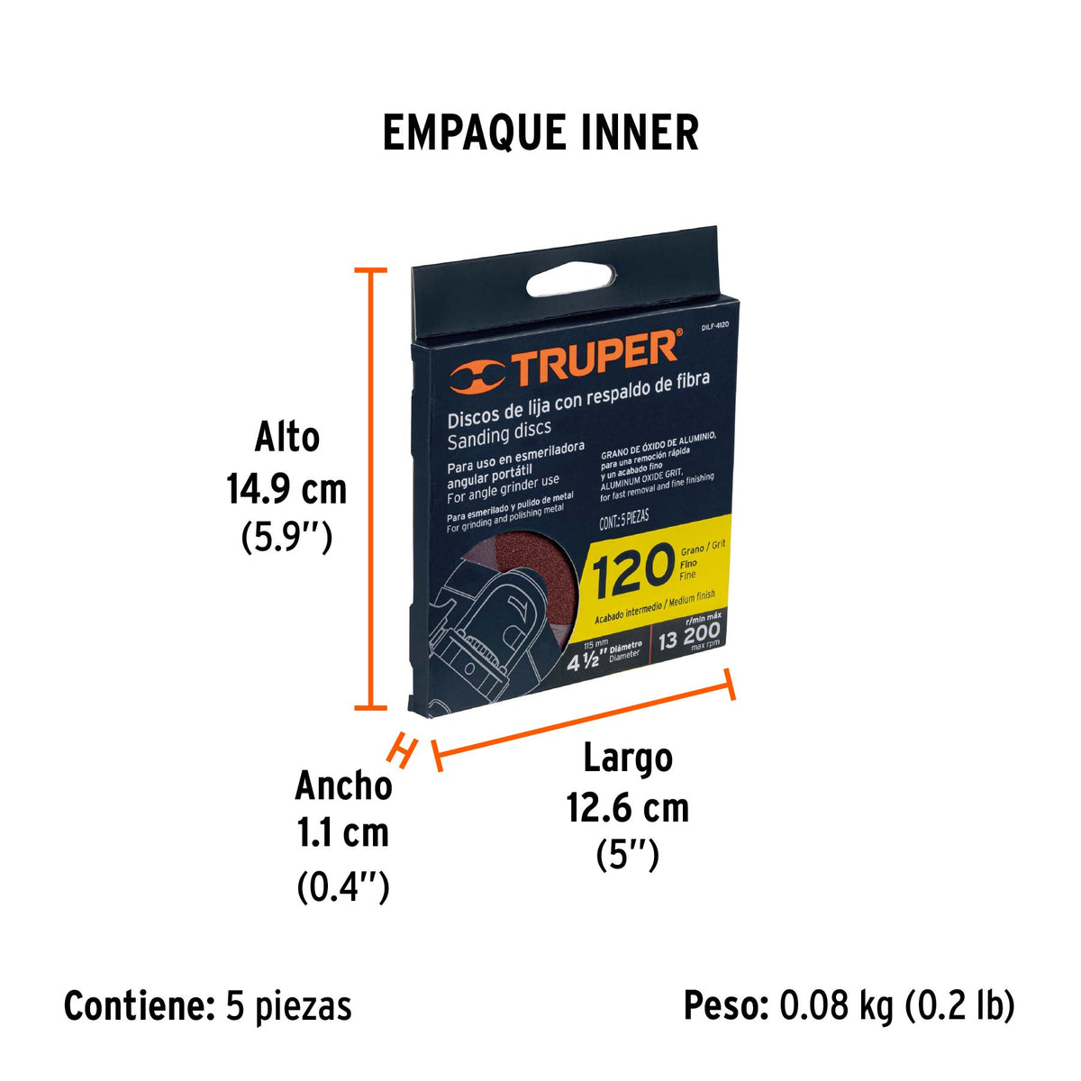 Disco lija 4-1/2' con respaldo de fibra, grano 120, TRUPER, Truper, SKU 100128 — vista 6