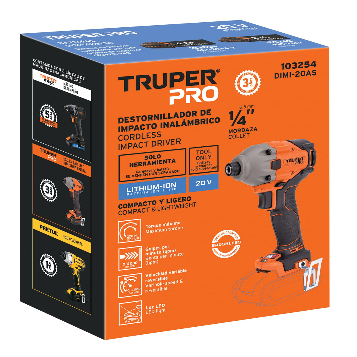 Destornillador de impacto 1/4', 20V, sin accesorios, PRO, Truper, SKU 103254 — vista 2