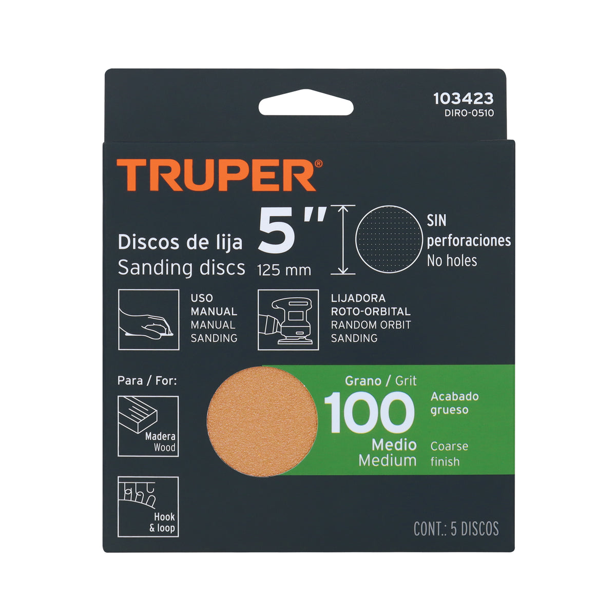Paquete con 5 discos de lija 5' grano 100, ciegos, TRUPER — foto oficial 2